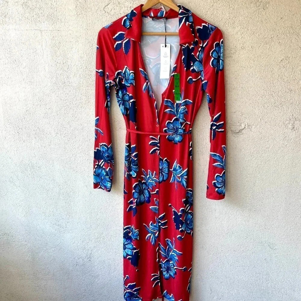 NWT Zara Midi Shirt Dress Red Blue Floral Long Sleeve Size Small - Picture 3 of 10